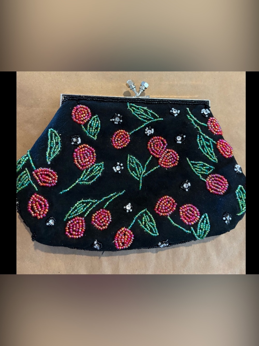Hand Beaded cherry 🍒 clutch with silver hardware detachable crossbody chain.
